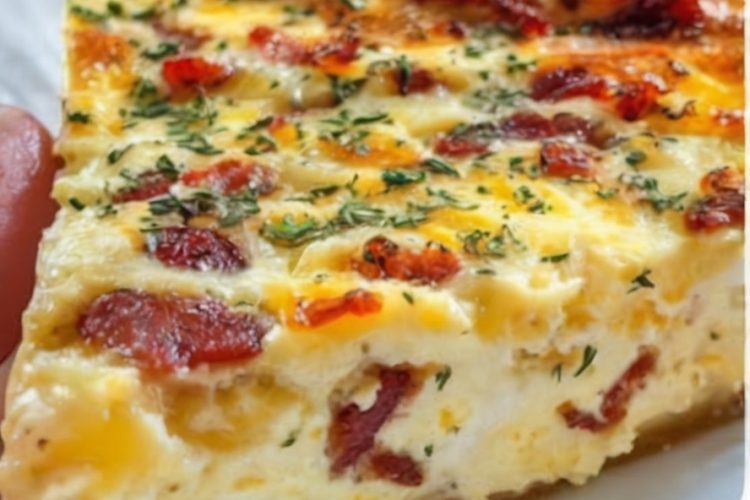 Bacon and cheese crustless quiche sliced and ready to serve
