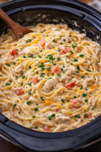 Creamy Crockpot Chicken Spaghetti