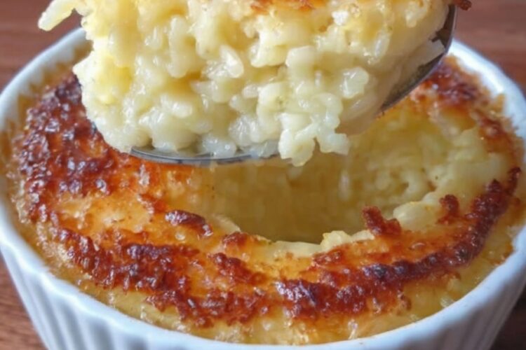 Creamy baked rice pudding sprinkled with cinnamon