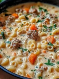 Creamy parmesan Italian sausage ditalini soup in a bowl