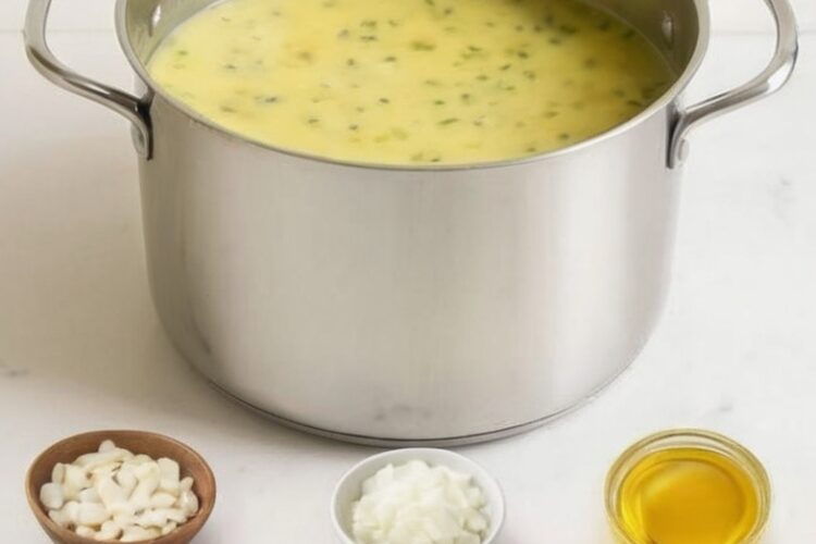 Creamy garlic soup topped with croutons and parmesan