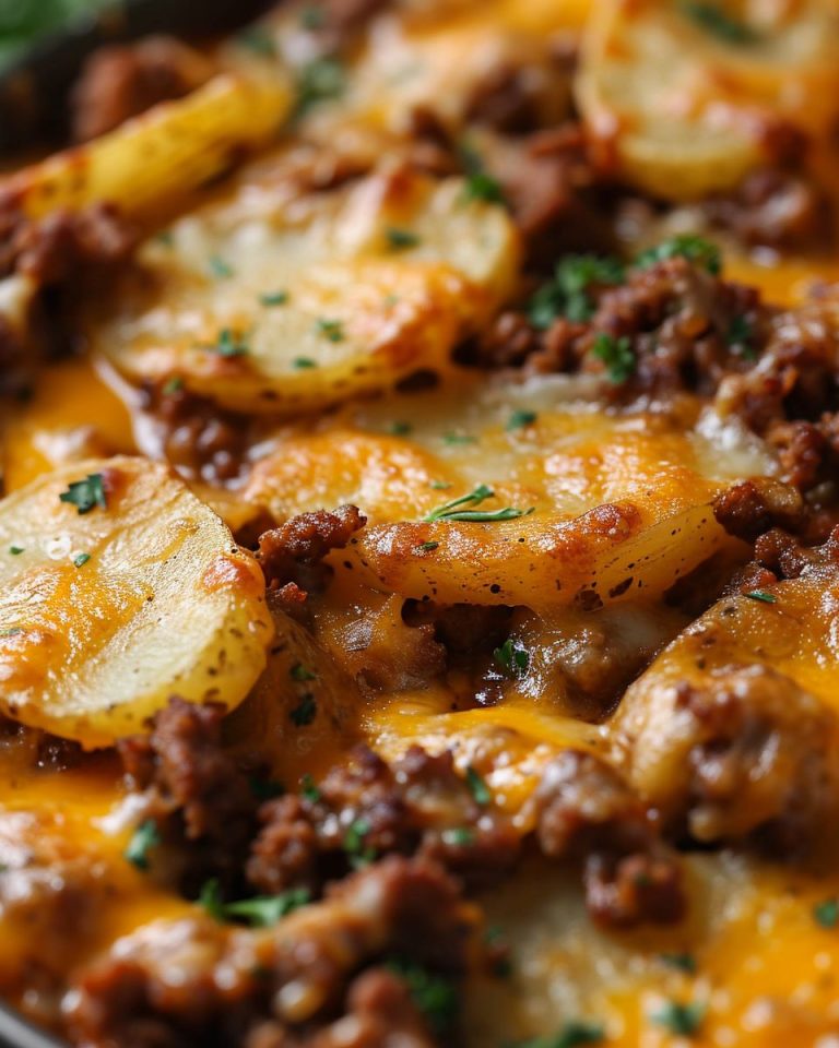 Hamburger potato casserole baked cheesy and golden