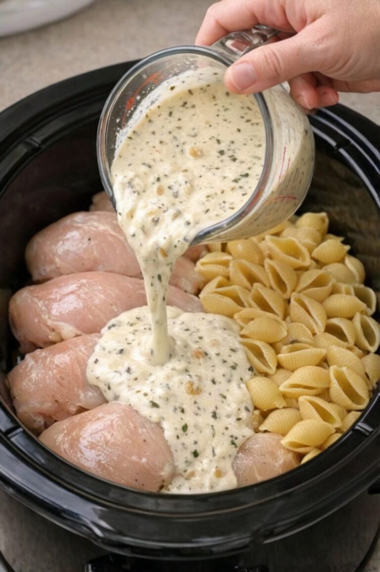 Slow Cooker Creamy Garlic Parmesan Chicken Shells