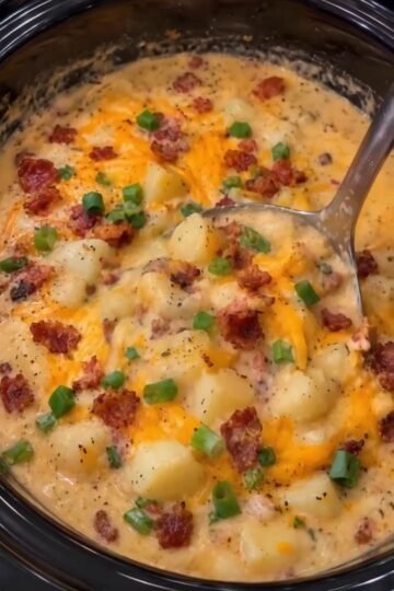 Creamy crockpot potato soup topped with bacon cheddar and sliced green onions