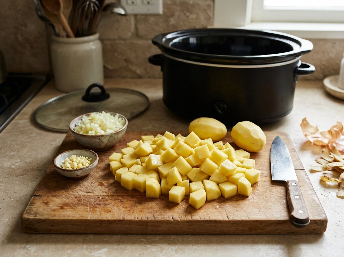 Cubed peeled potatoes, diced onion, and minced garlic ready for crockpot potato soup