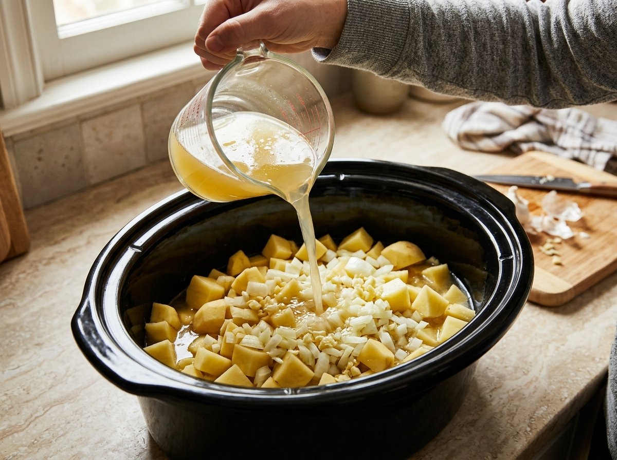 Chicken broth being poured over potatoes and onion in a black slow cooker