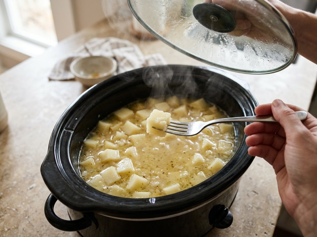 A fork testing a tender potato cube above broth in a slow cooker
