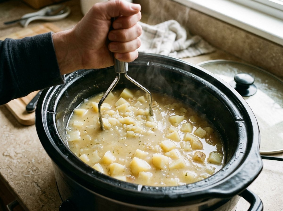 A potato masher thickening slow cooker soup while leaving potato chunks