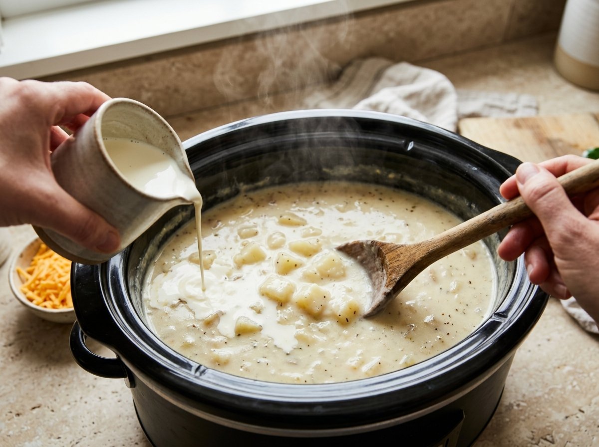Cream being stirred into chunky potato soup with grated cheddar ready nearby