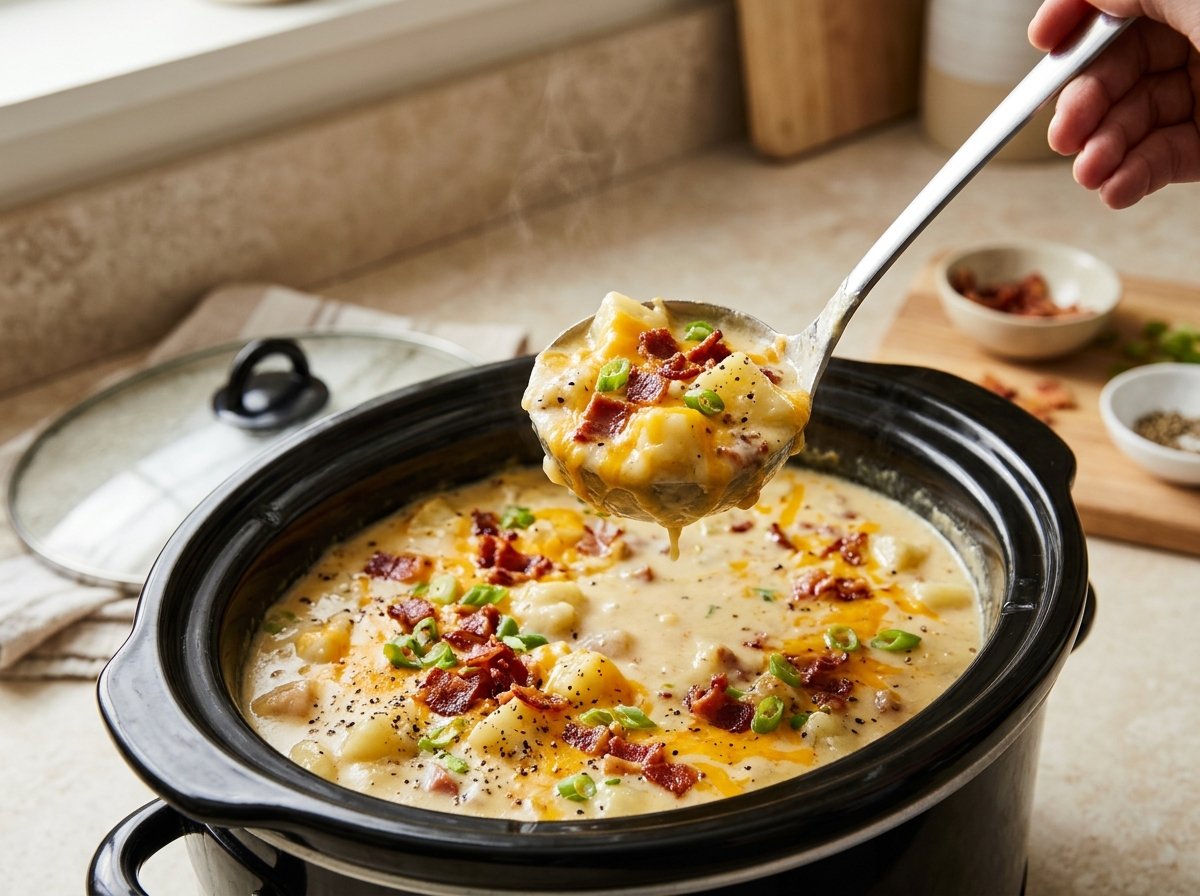 Creamy crockpot potato soup topped with cheddar, bacon, and green onions