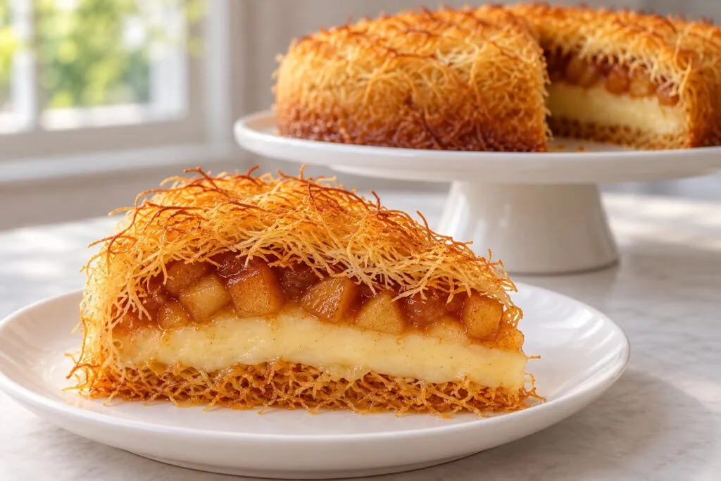 A slice of apple and custard kataifi pie showing golden pastry, vanilla custard, and cinnamon apples.