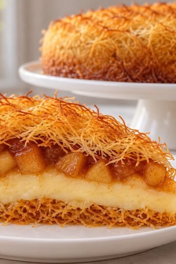 A slice of apple and custard kataifi pie showing golden pastry, vanilla custard, and cinnamon apples.