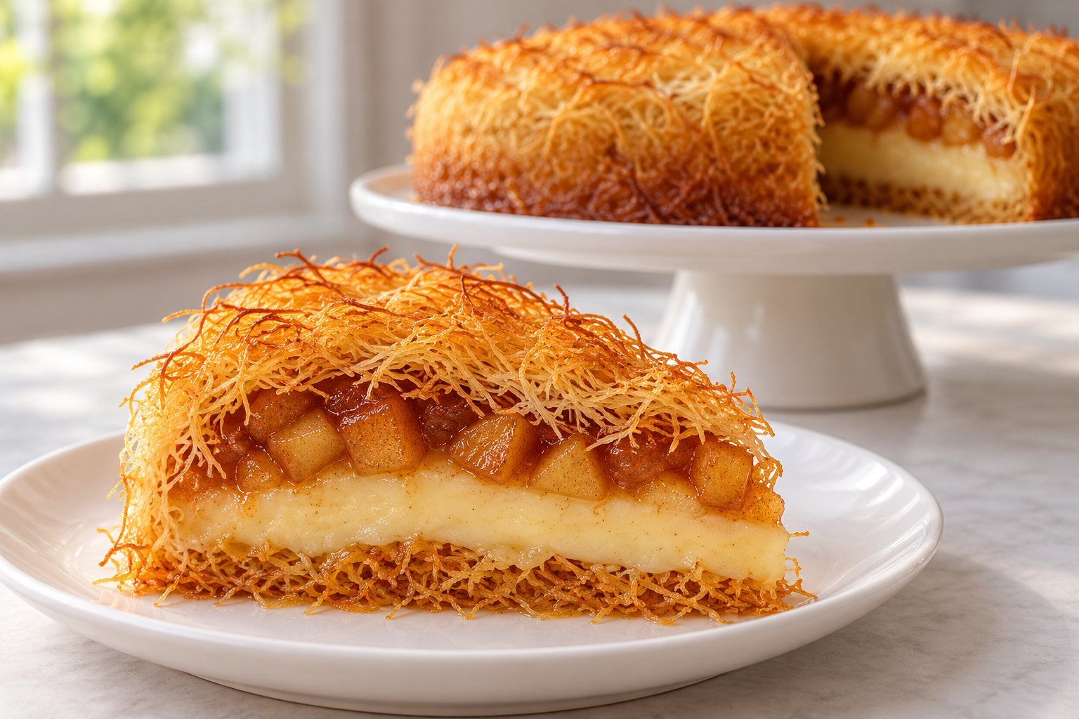A slice of apple and custard kataifi pie showing golden pastry, vanilla custard, and cinnamon apples.