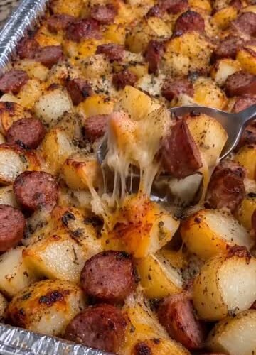 Cheesy potato and smoked sausage casserole with golden potatoes, browned sausage coins, and melted cheese