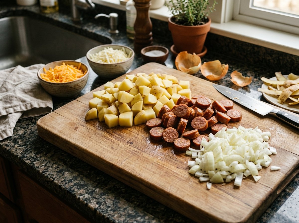 Potato cubes, smoked sausage coins, onion, cheddar, and mozzarella prepared for the casserole