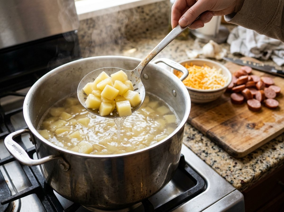 Parboiling Yukon Gold potato cubes in a pot of simmering water