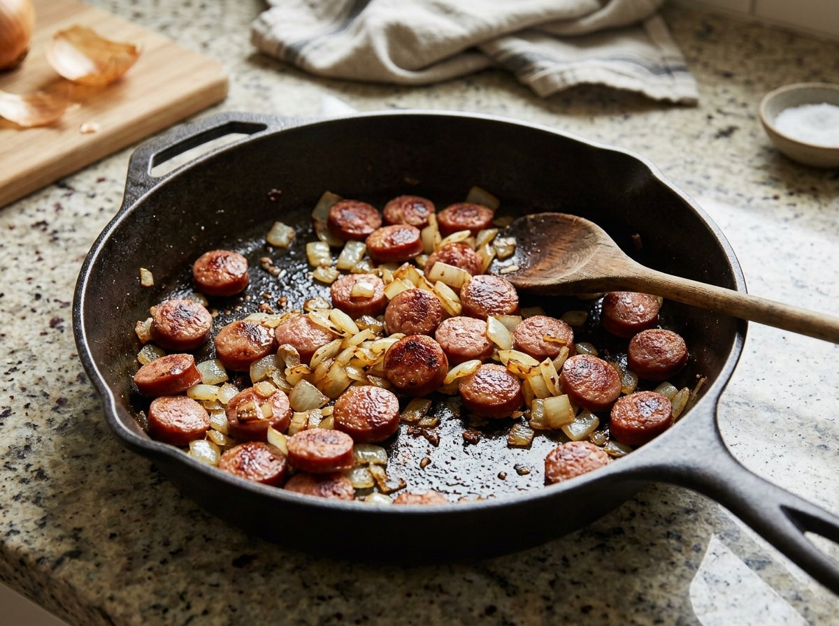 Browning smoked sausage coins and chopped onion in a skillet