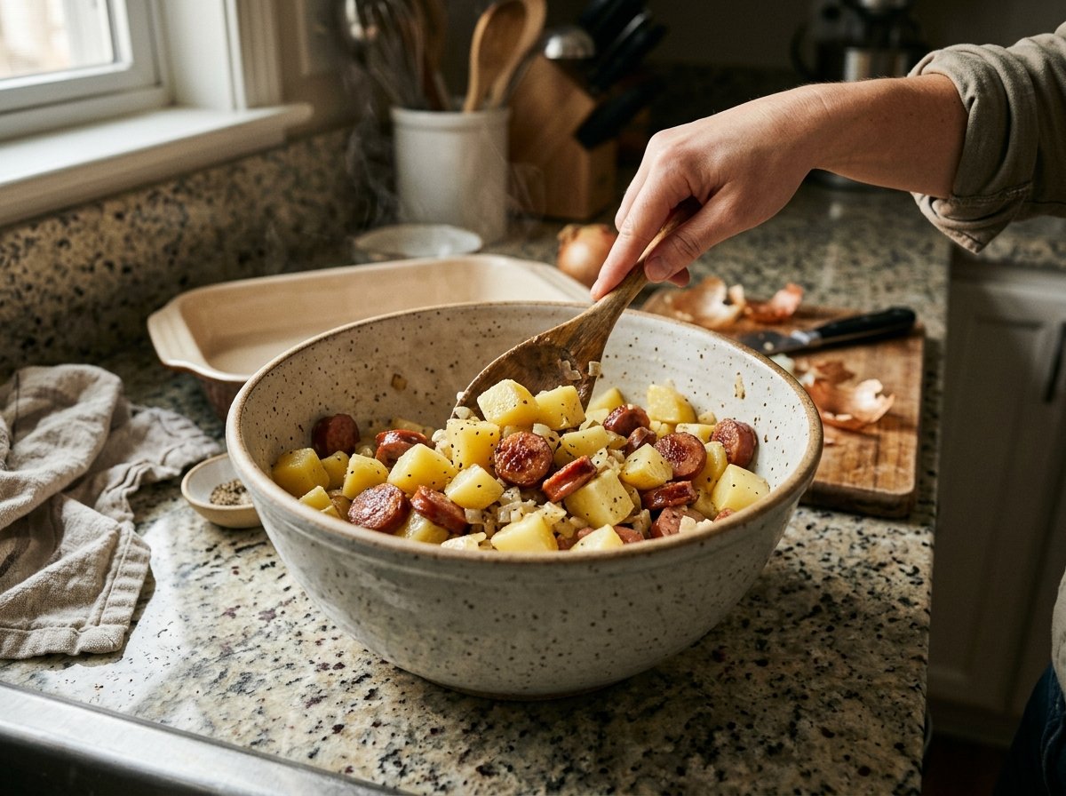 Gently tossing potatoes and browned smoked sausage with butter and seasoning