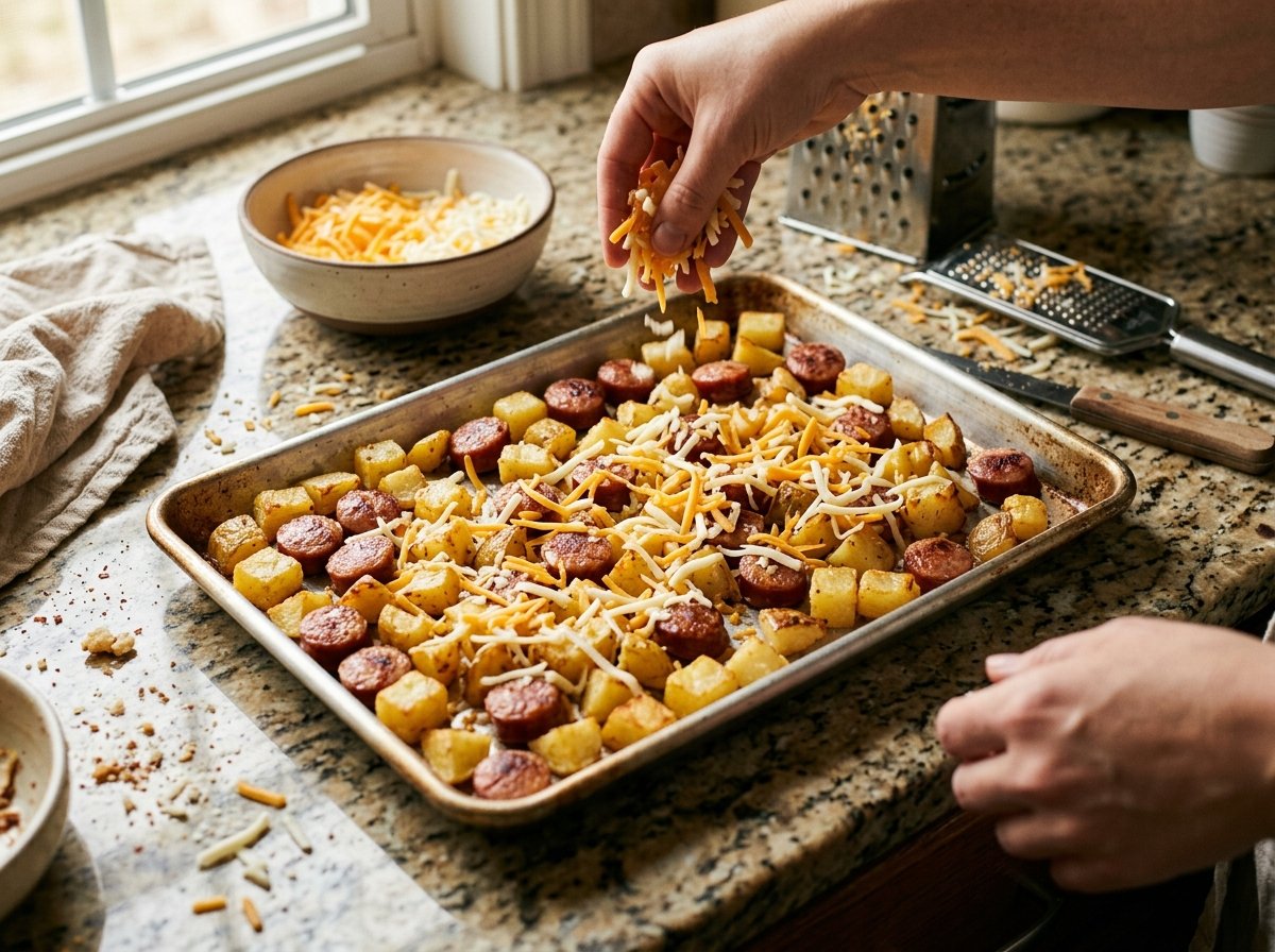 Sprinkling cheddar and mozzarella over the potato and smoked sausage casserole