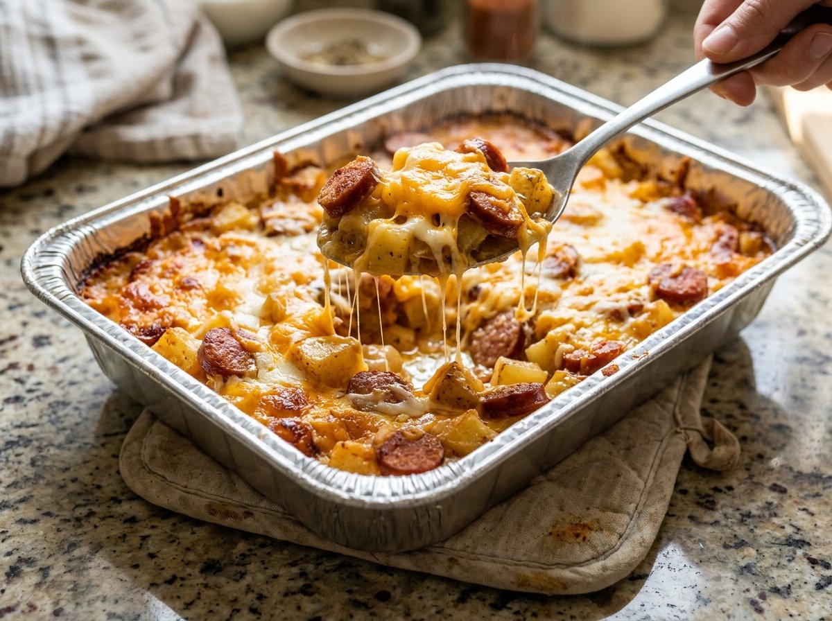 Baked cheesy potato and smoked sausage casserole with a spoon lifting a serving