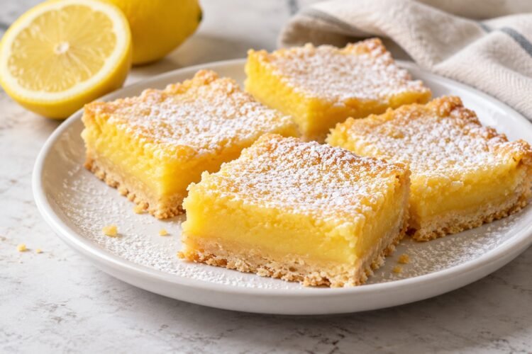 Powdered-sugar lemon bars with golden shortbread crust on a white plate beside a halved lemon.