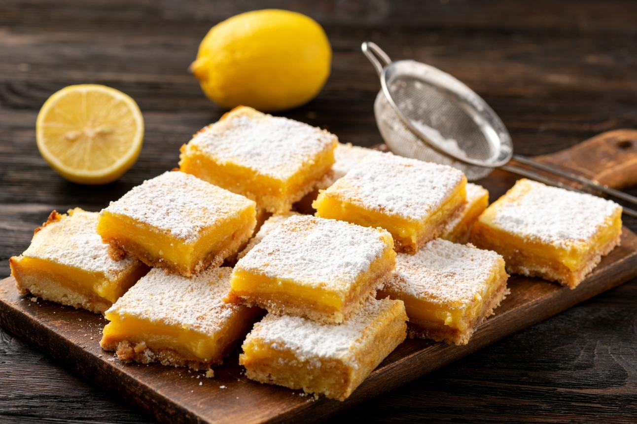 Homemade lemon bars with buttery shortbread crust and powdered sugar
