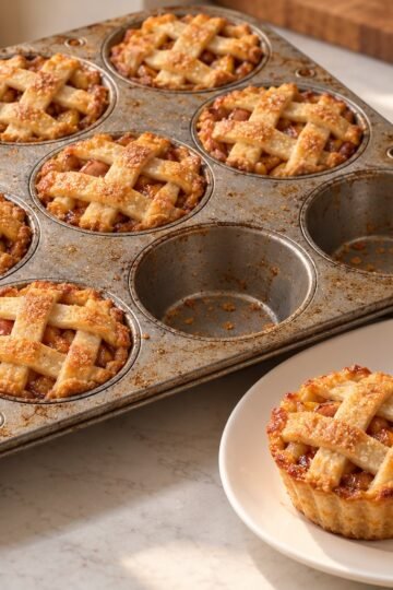 Golden lattice-topped mini apple pies in a muffin pan, with two pies served on a white plate.