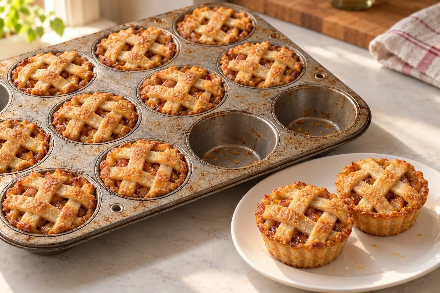 Golden lattice-topped mini apple pies in a muffin pan, with two pies served on a white plate.