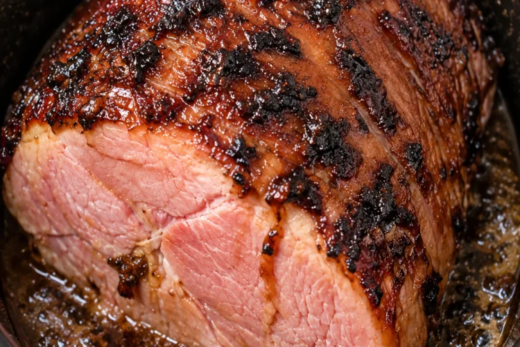 Slow cooker cola ham with caramelized glaze and juicy pink slices