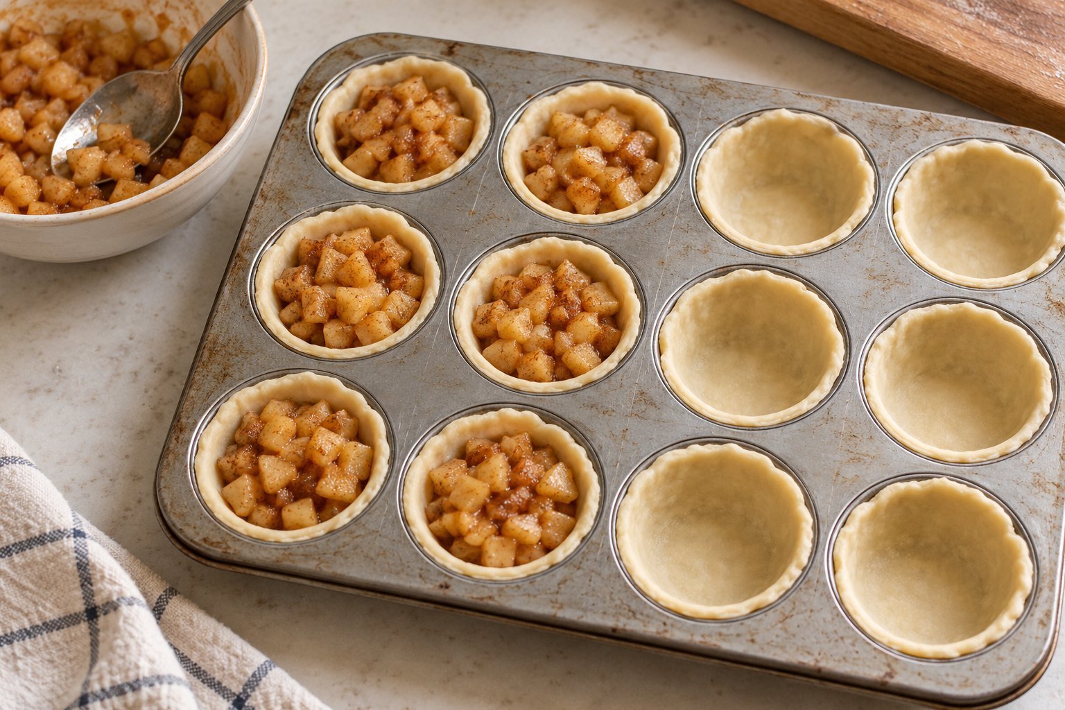 Raw pie crust rounds fitted into a standard muffin pan, with several cups filled with cinnamon apples.