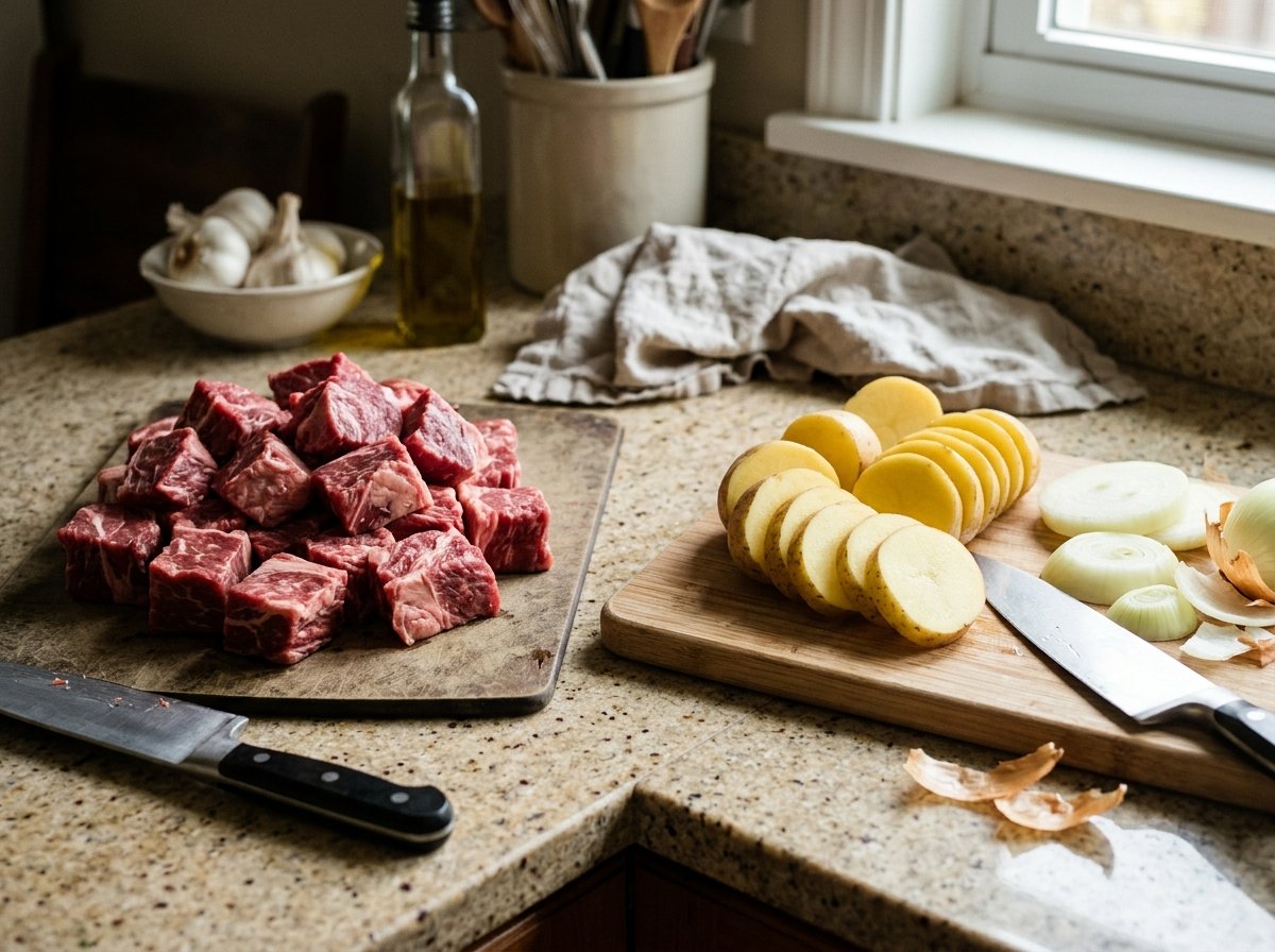 Beef chuck cubes, thick Yukon Gold potato rounds, and sliced onions prepared for slow cooking