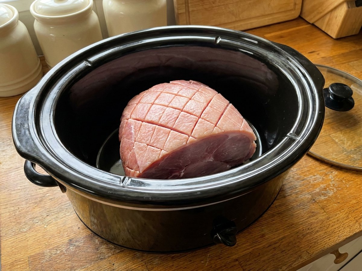 A scored boneless ham placed in a black oval slow cooker