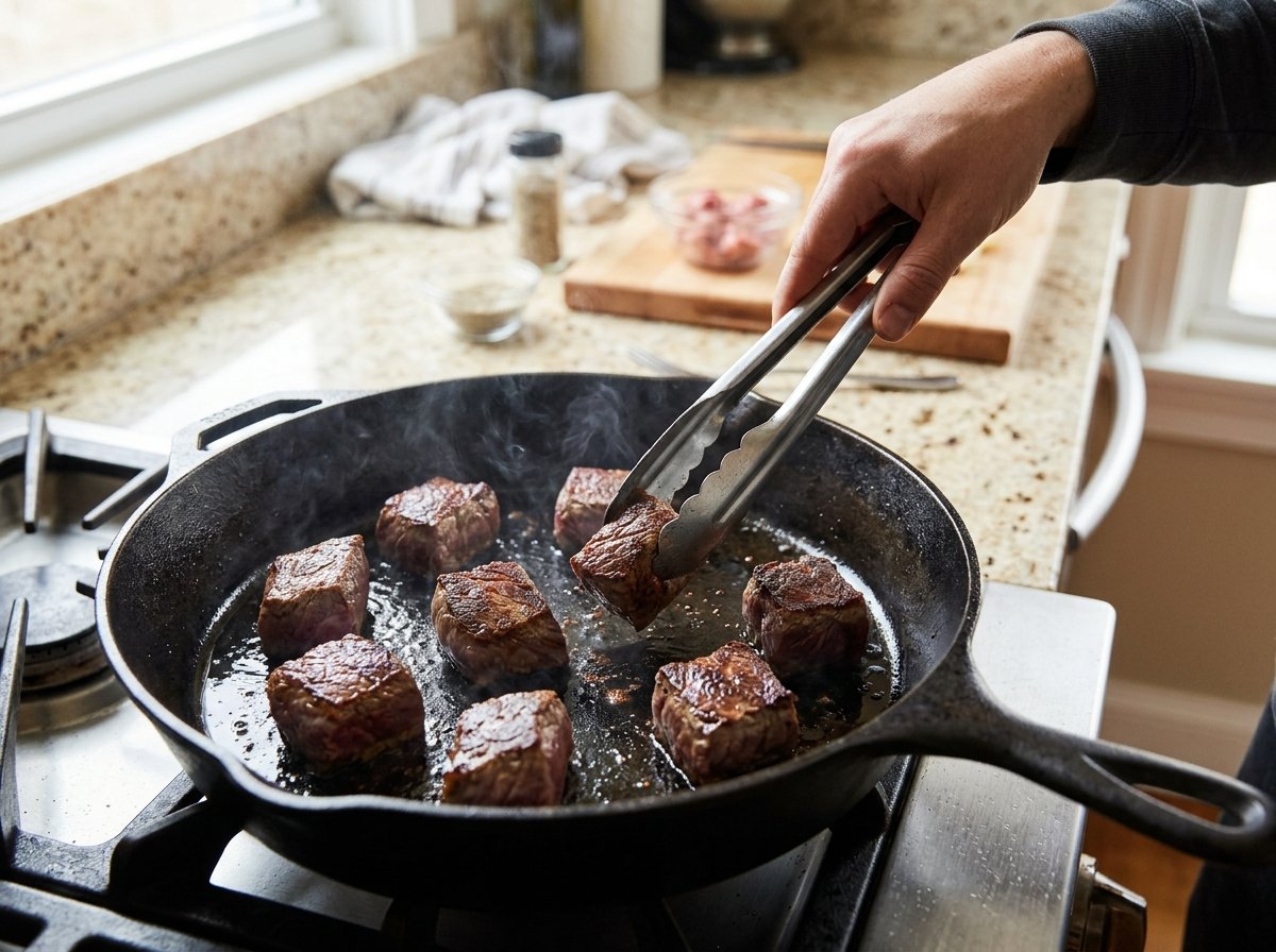 Beef chuck chunks developing a browned crust in a skillet