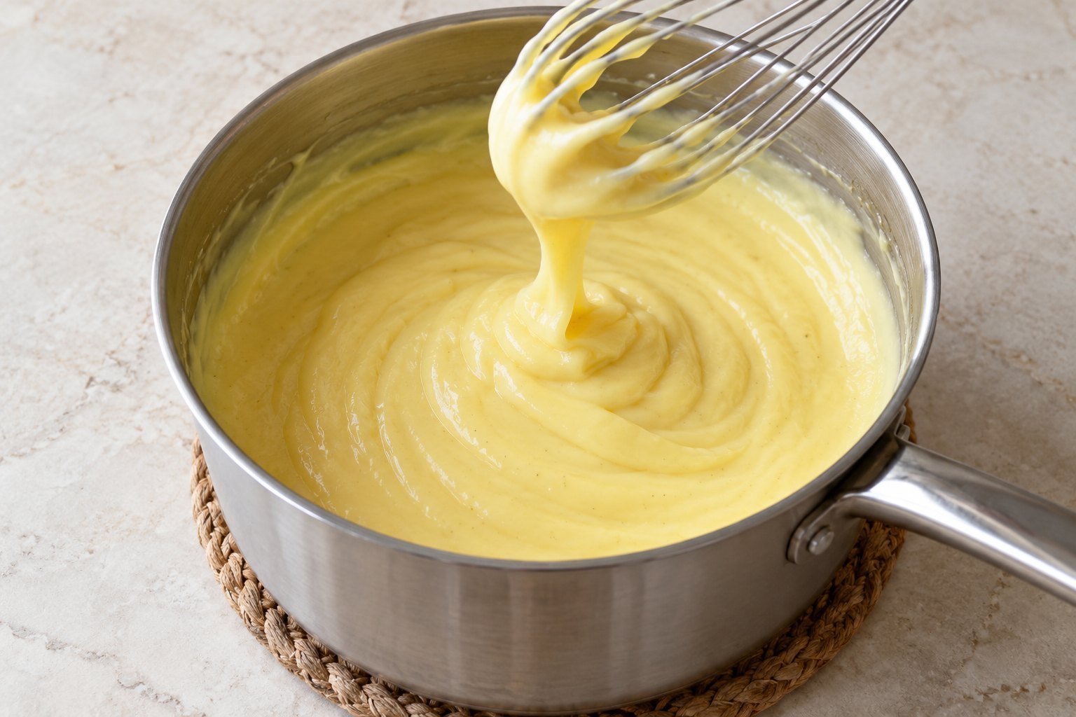 Thick vanilla custard in a saucepan, falling from a whisk in a broad ribbon.