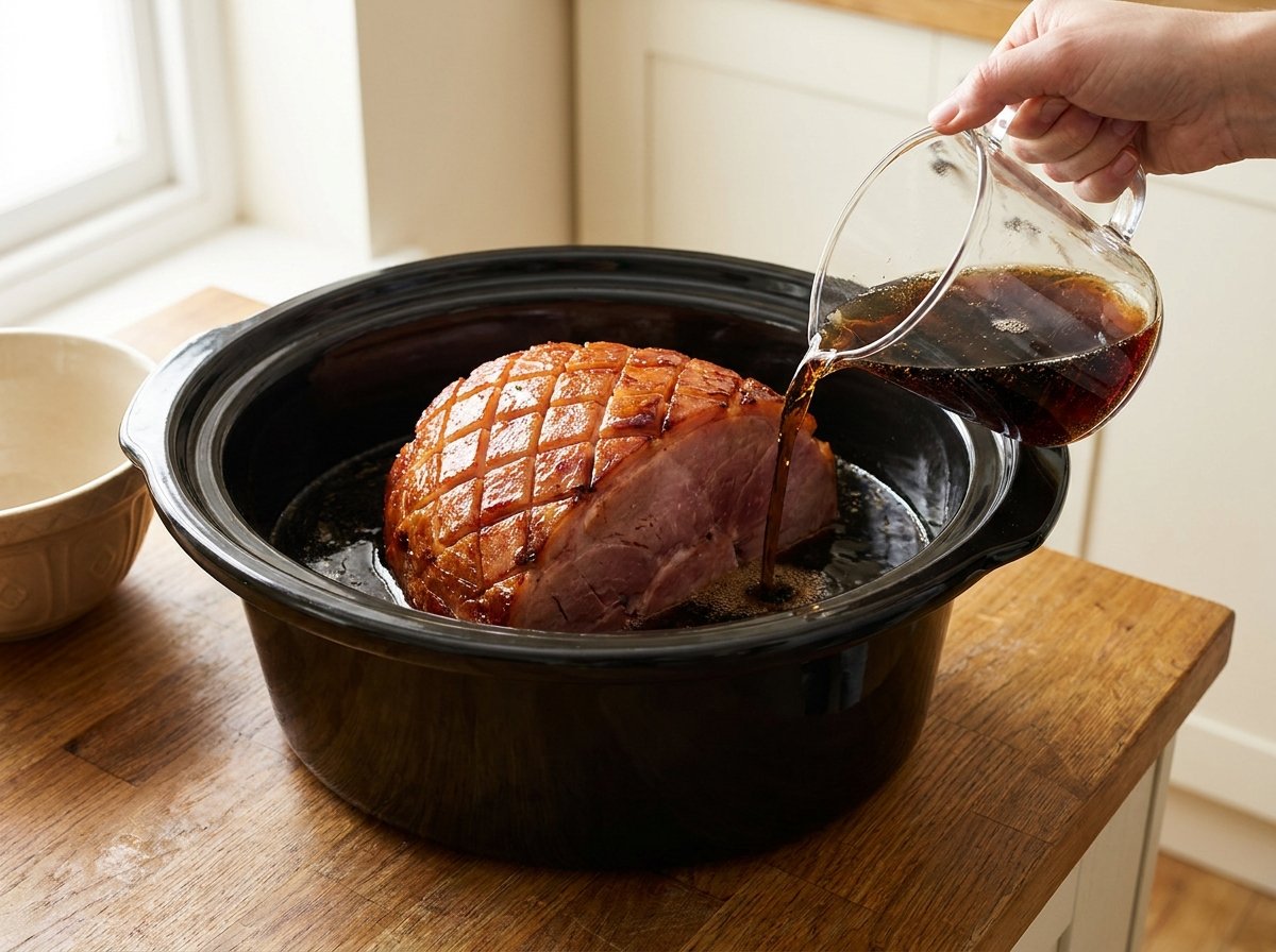 Dark cola being poured around a ham in the slow cooker
