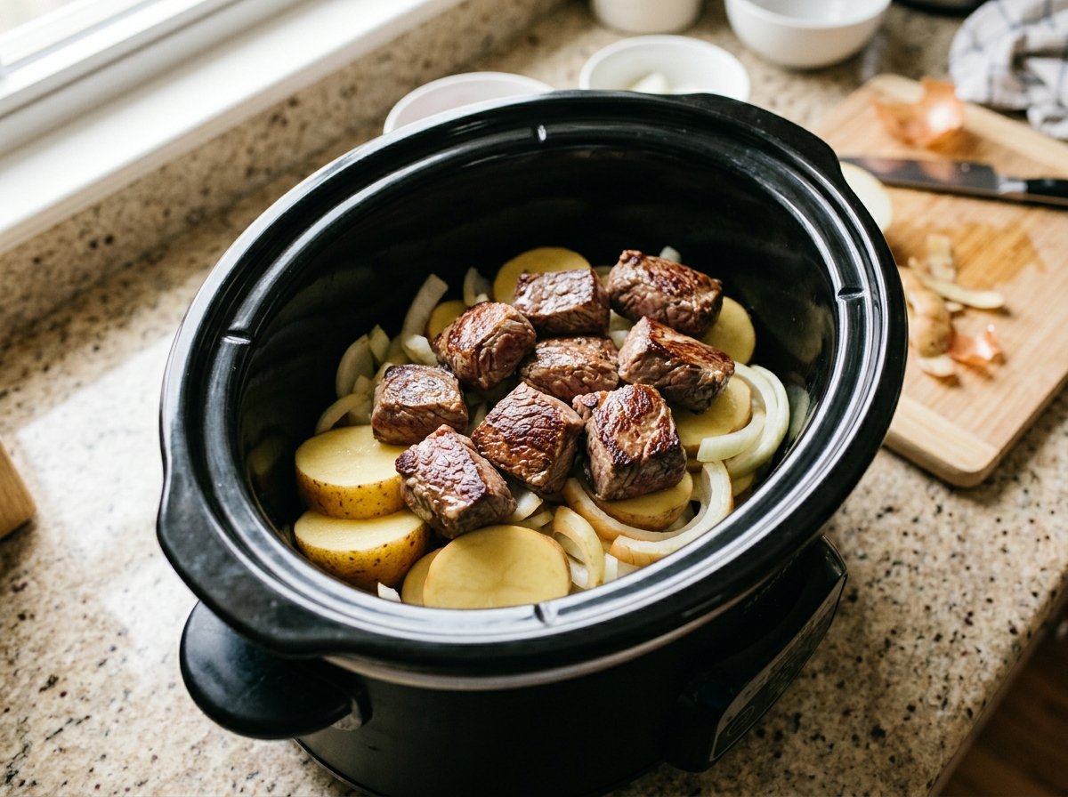 Thick potato slices and onions layered beneath browned beef in a slow cooker
