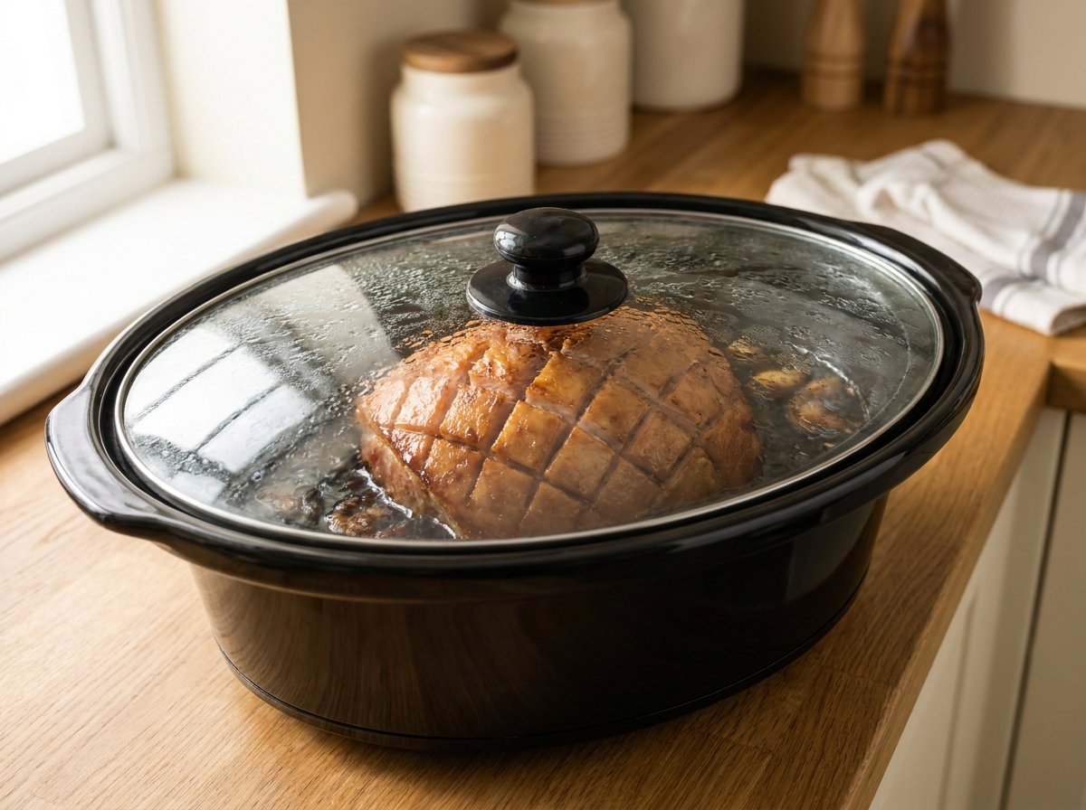 Ham heating under a lightly condensed glass slow cooker lid