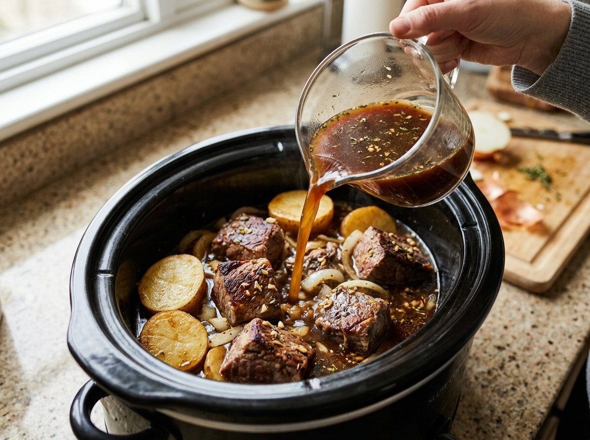 Seasoned beef broth poured around beef, potato rounds, and onions in a black slow cooker