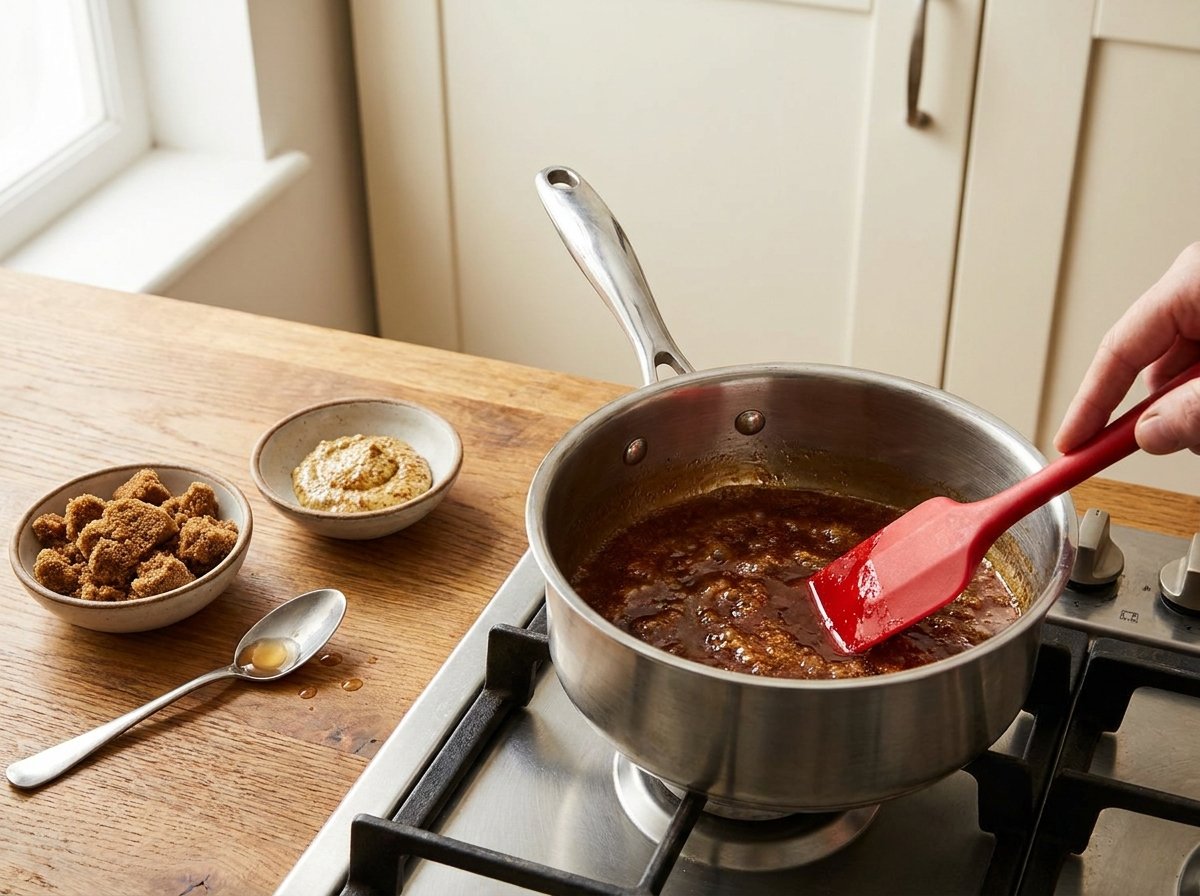 Glossy brown sugar mustard glaze being stirred in a saucepan
