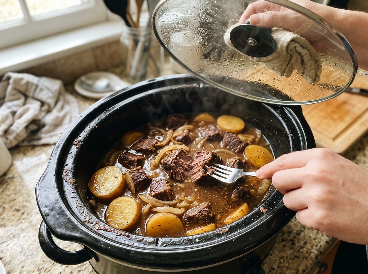 A fork checking tender slow-cooked beef beside golden potatoes and soft onions
