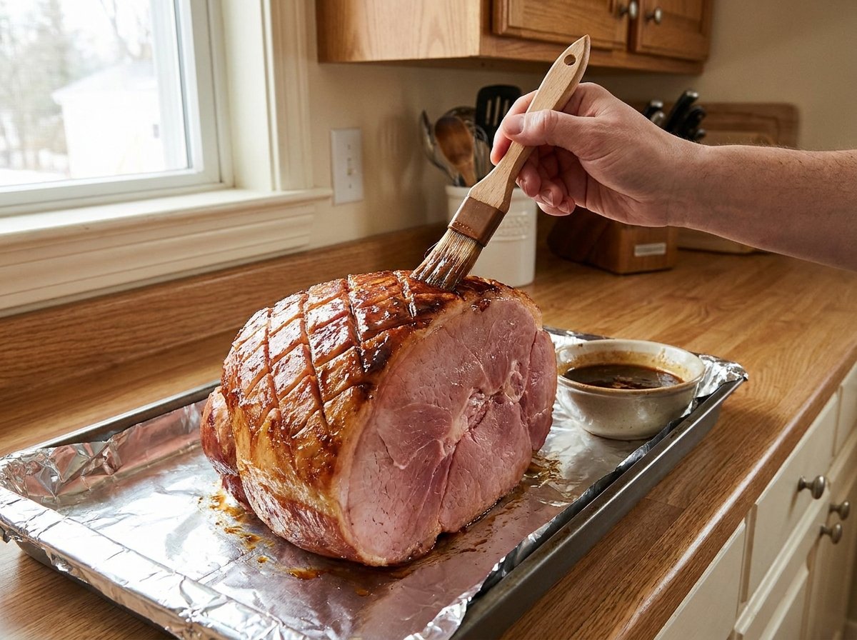 A pastry brush coating a scored ham with glossy brown glaze