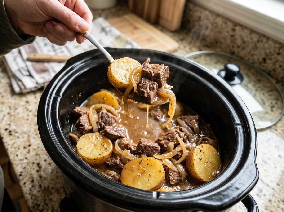 Finished slow cooker beef and potatoes with soft onions and glossy brown gravy