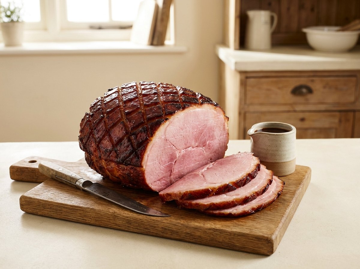Glazed ham on a cutting board with several moist pink slices