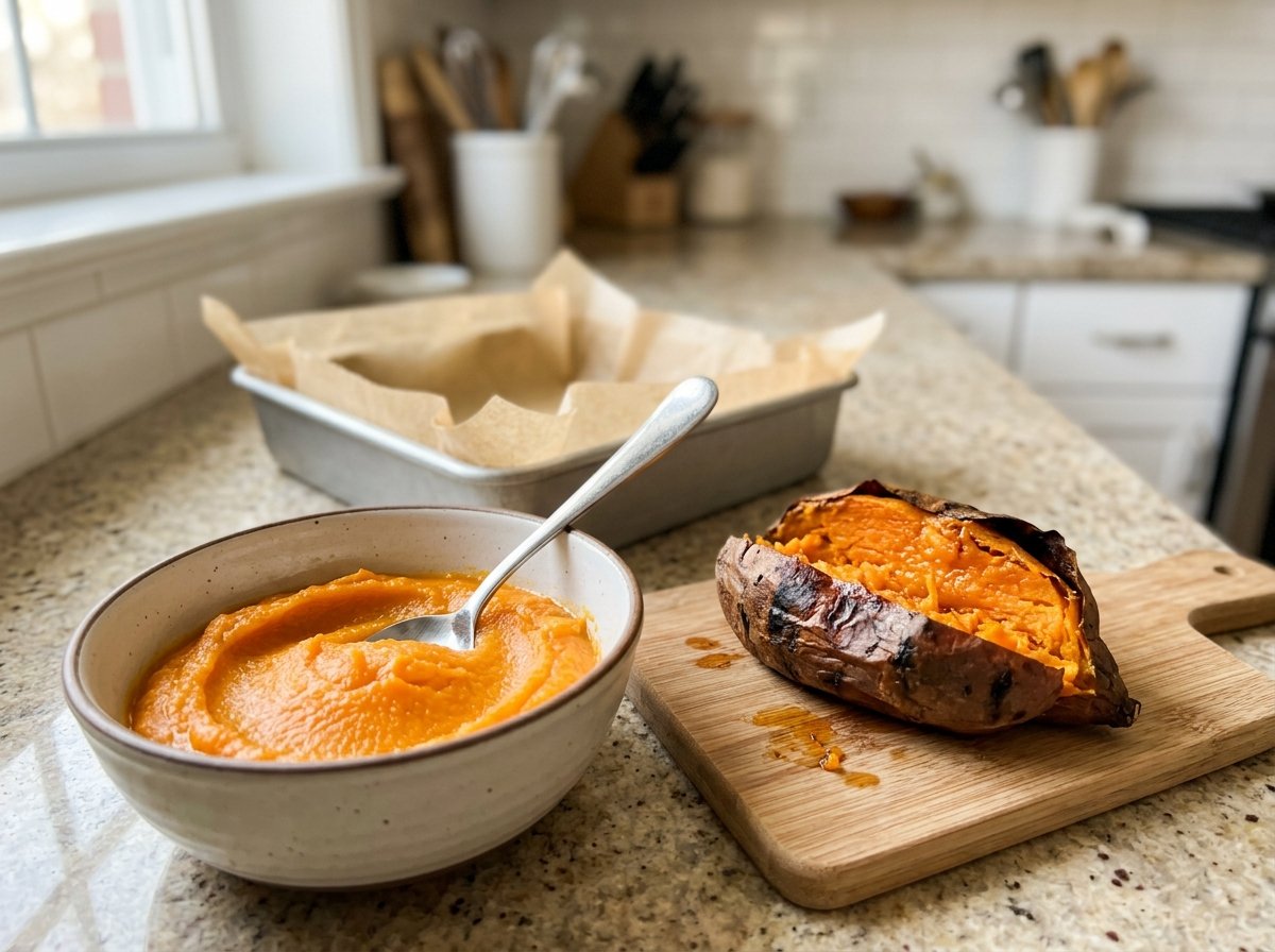 Smooth roasted sweet potato puree beside a parchment-lined brownie pan