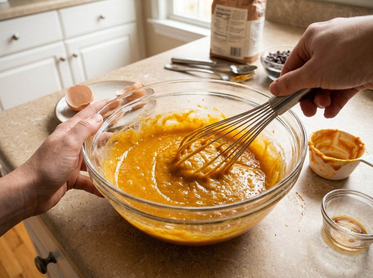Whisking sweet potato puree, butter, sugar, eggs, and vanilla in a glass bowl