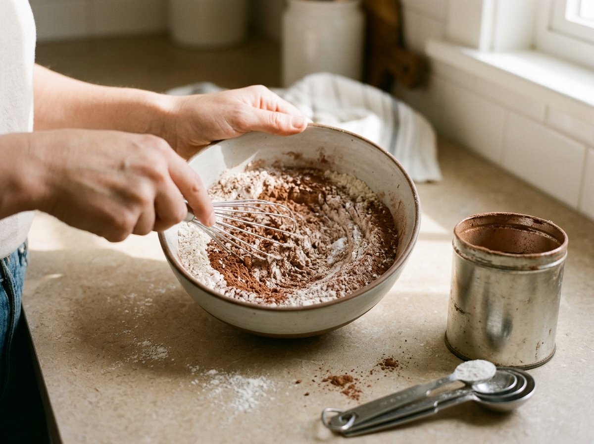 Whisking cocoa, flour, baking powder, and salt for sweet potato brownies