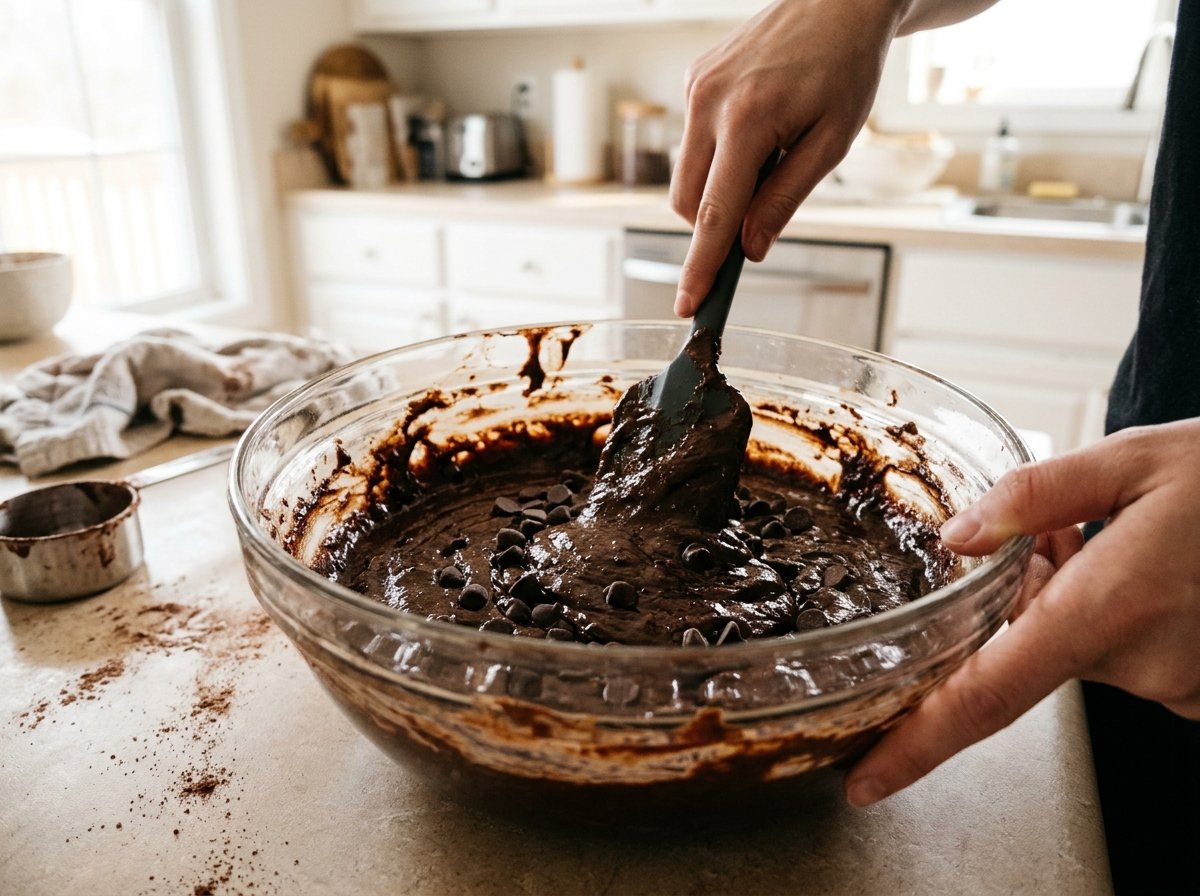Folding chocolate chips into thick sweet potato brownie batter