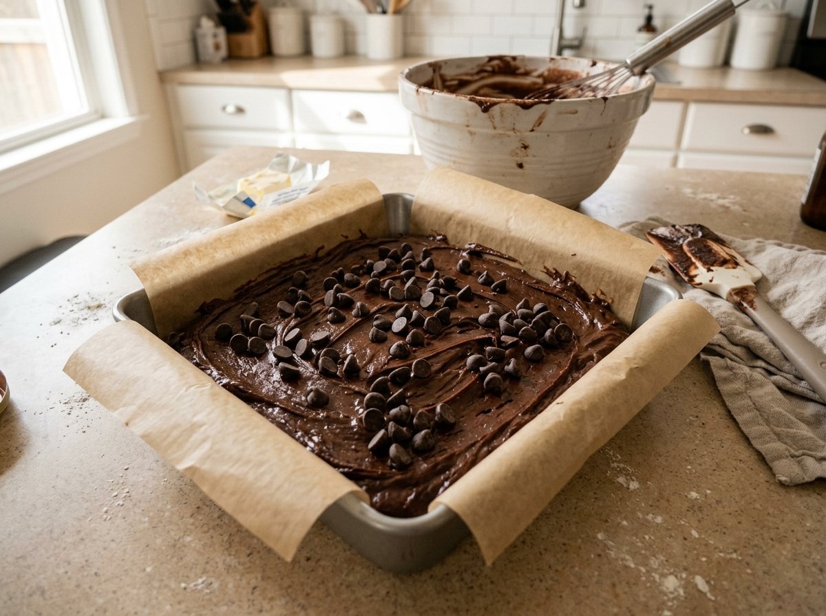 Unbaked sweet potato brownie batter topped with chocolate chips in a square pan