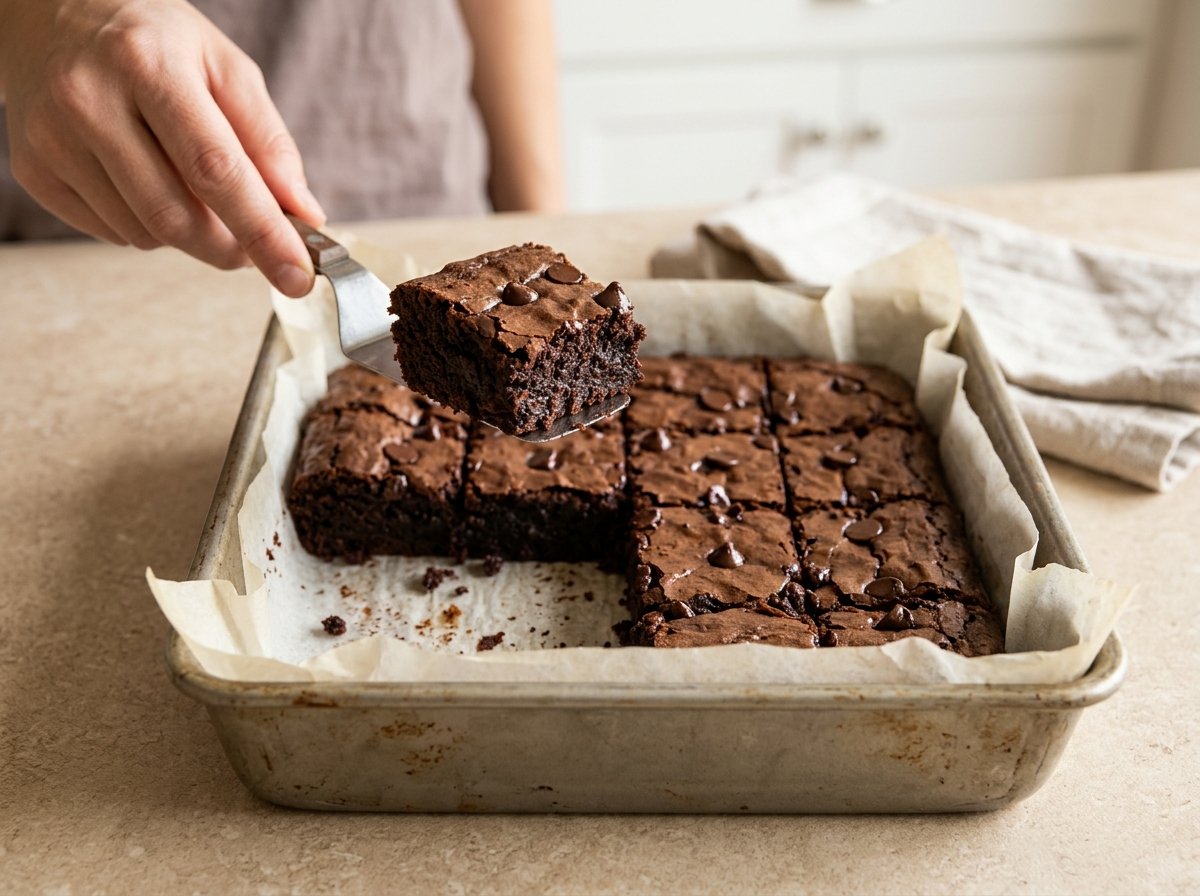 Baked sweet potato brownies with chocolate chips cut into squares